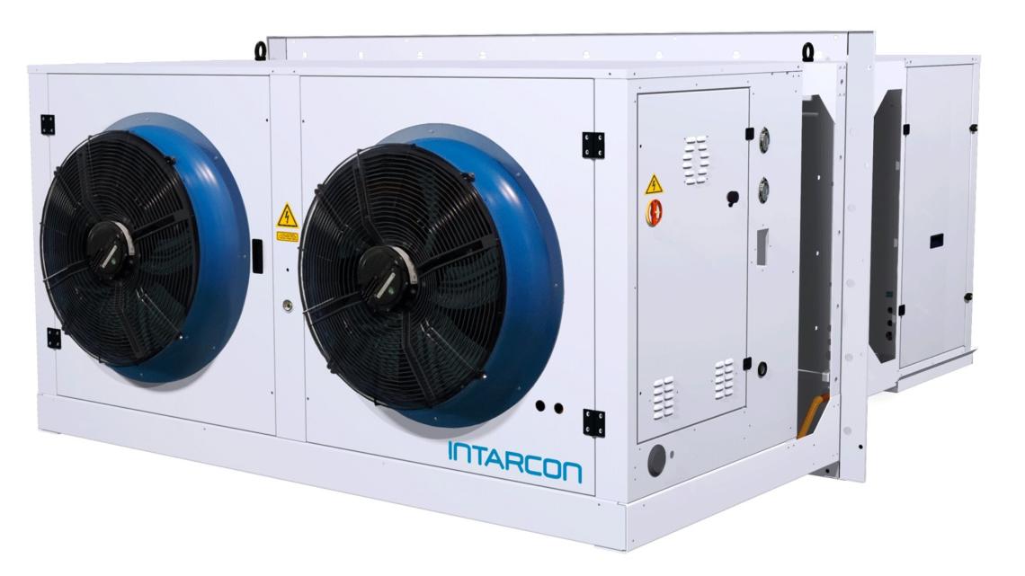 Los equipos de refrigeración industrial de Intarcon están diseñados para una instalación en intemperie sobre la pared de la cámara frigorífica.